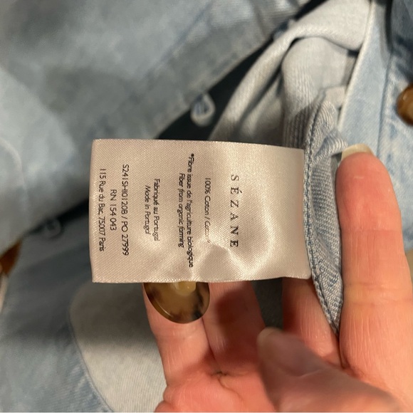 Cute Sezane Vennila denim chambray chunky tortoise button puff sleeve mini dress - Picture 7 of 11